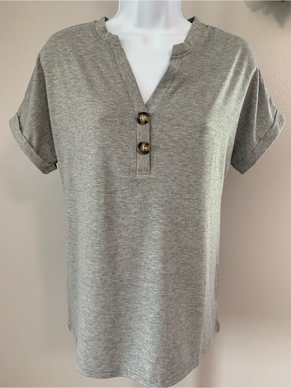New in the Bag- Casual Button Detail Short Sleeve Top -  Gray